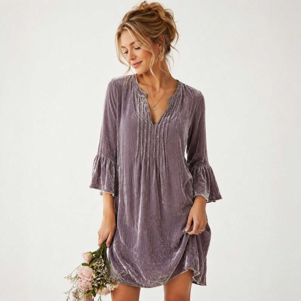 Sundance Crushed Velvet Tunic Dress Sz S Dusty Purple Bell Sleeves Boho Romantic